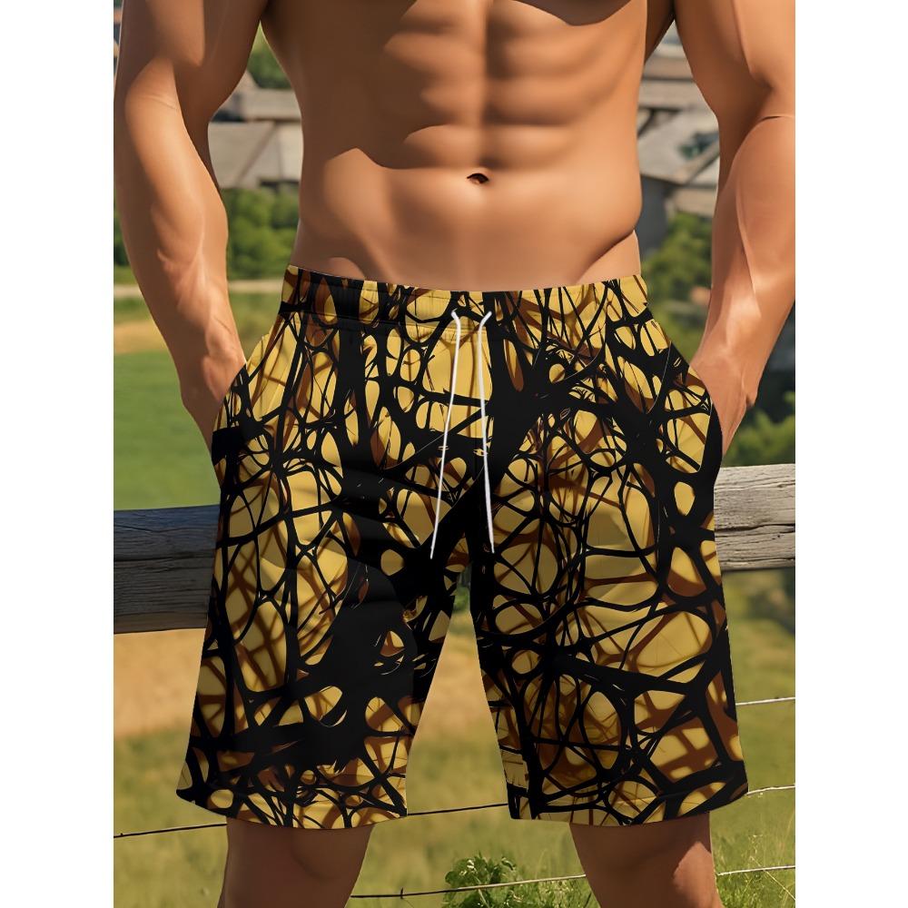 Men s Yellow Black Abstract Line Print Beach Shorts Drawstring Waist Quick Dry Casual Swim Trunks XL