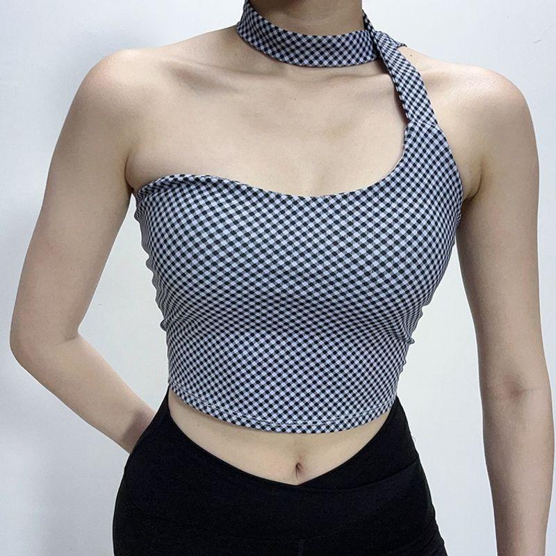

Gingham One Shoulder Silm Outwear Sexy Halter Wrapped Chest Blue lattice Print S