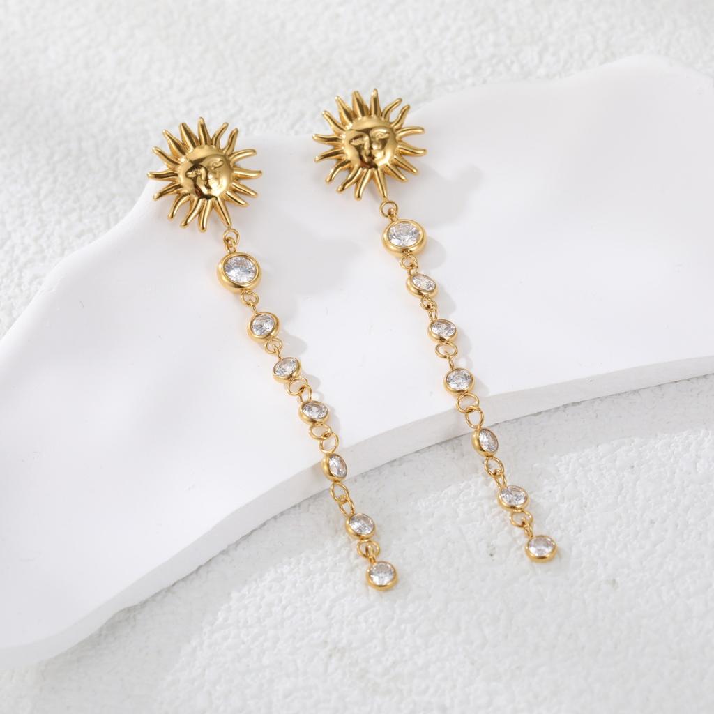 GEMCHIC Women's 18K Gold Stainless Steel Smiley Sun Zircon Tassel Earrings Fashion Light Luxury