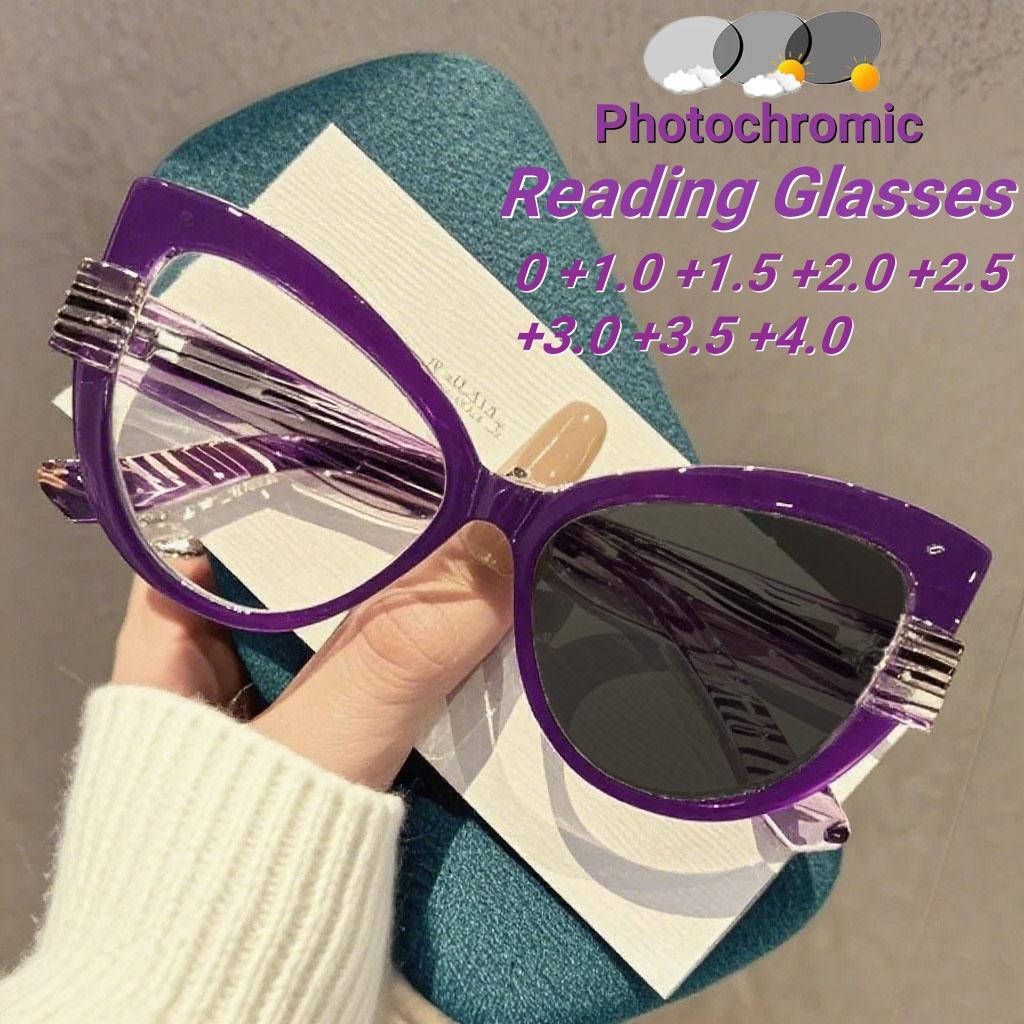 Latest Retro Cat Eye Photochromic Women's Presbyopia Eyewear with Large Frame Men's Anti Blue Light Farsightedness Eyewear