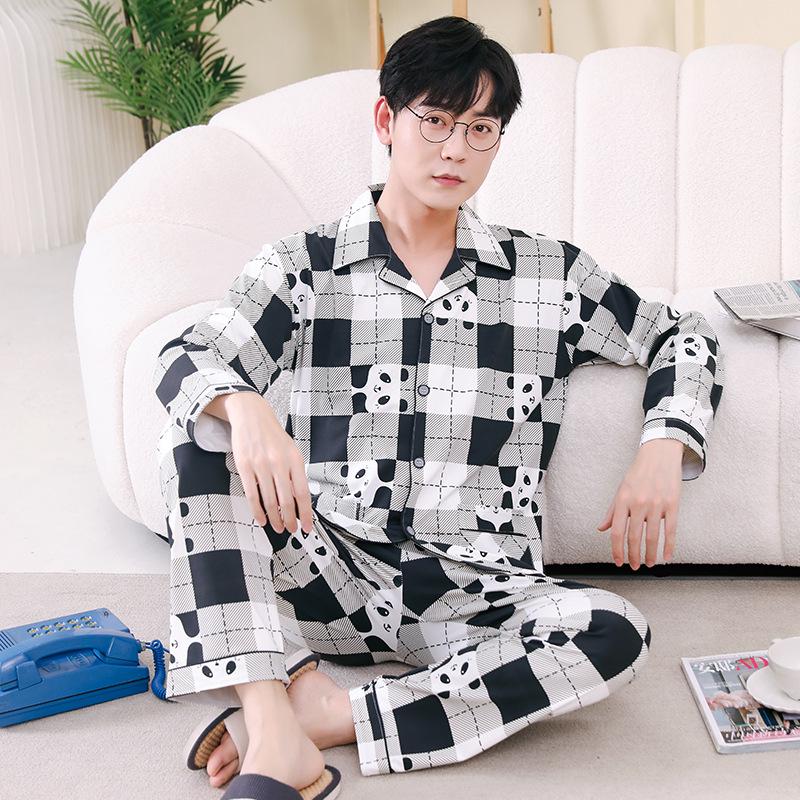 Men's Printed Long Sleeve Knit Cotton Pajama Set with Cardigan Lapel for Spring, Autumn, Winter