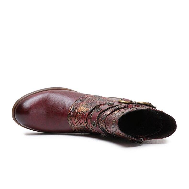 Johnature Boty z pravé kůže Dámské Kozačky Zimní potisk s kulatou špičkou na zip Ruční výroba Stručné Kotníkové boty pro volný čas