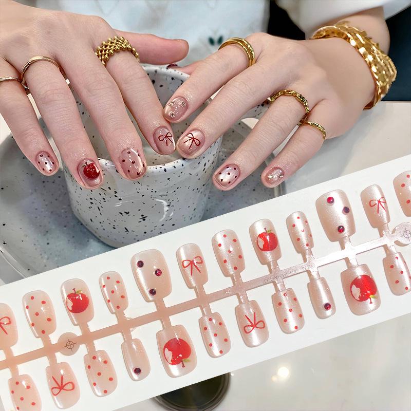 

Ping’an Apple Polka Dot Bow Cat Eye Nail Set - Festive Short Manicure (30 Pieces)