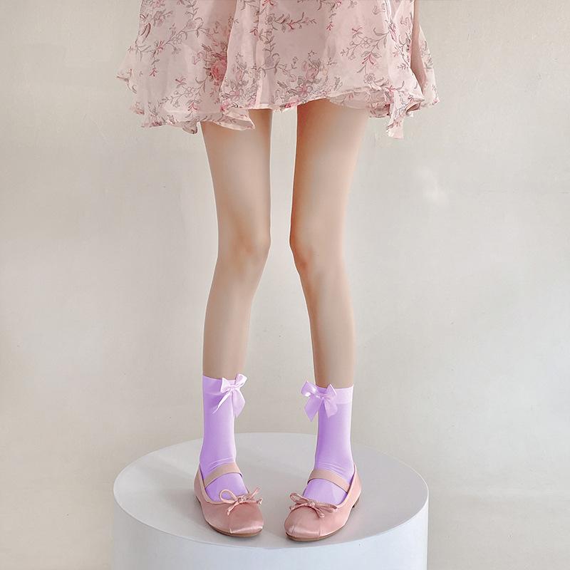 Bow Socks Spring/Summer Thin Mid-calf Socks Velvet Ice Silk Candy-colored Dui Dui Lolita Thigh-high Socks