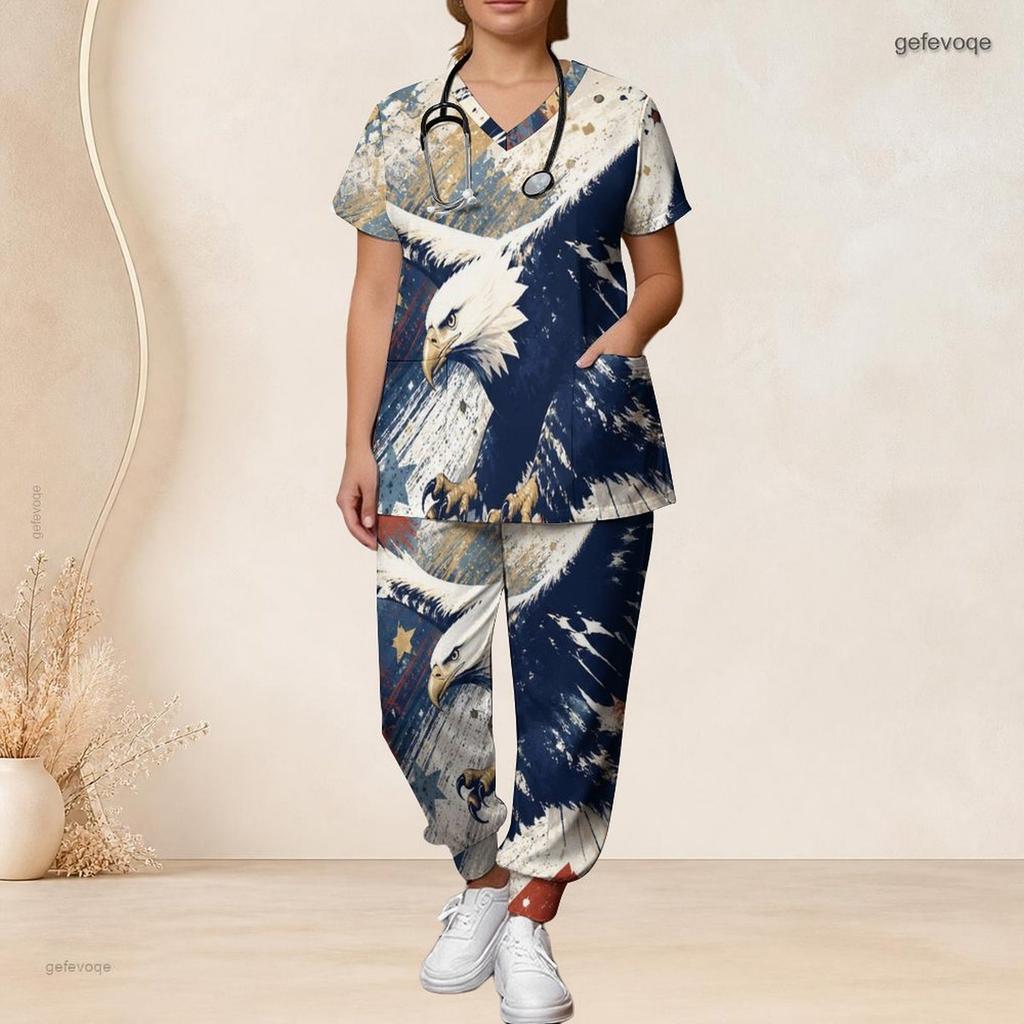 Damen Übergröße V-Ausschnitt Kurzarm Kasack-Set Marineblau Mit Roten Punkten Dekor Print Krankenschwester Uniform Set