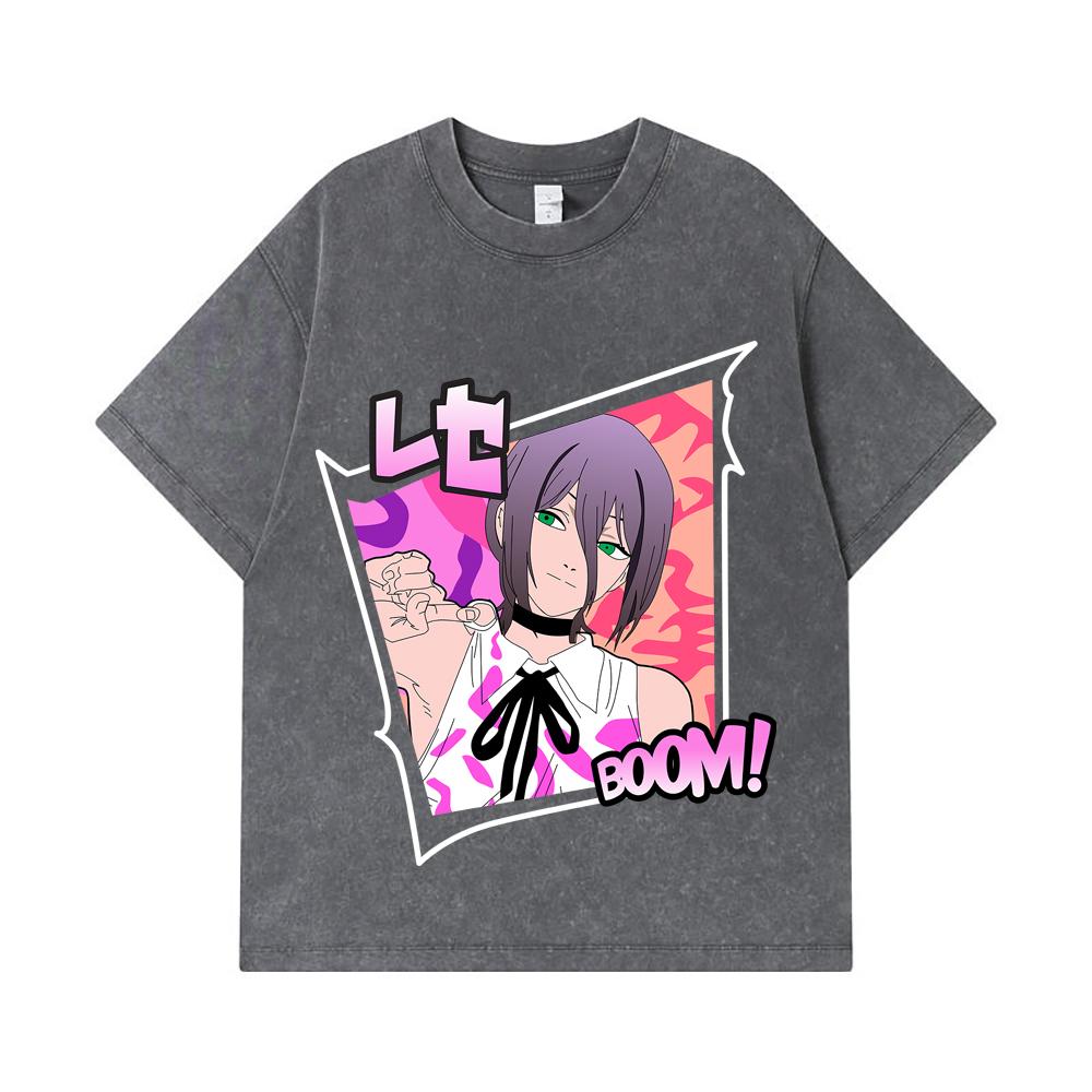 275 GSM Washed T-shirts 100% Cotton Chainsaw Man V53 Reze Print Unisex Heavy Cotton T Shirt