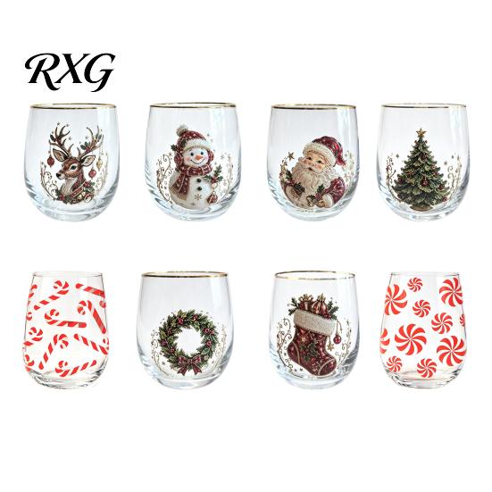 Reindeer Patterned Glasses Christmas Cocktails Glass, Santa Snowman Tree Design Tumbler, 300ml Lead-free Coffee Mug Holiday Drinkware for Cocktail