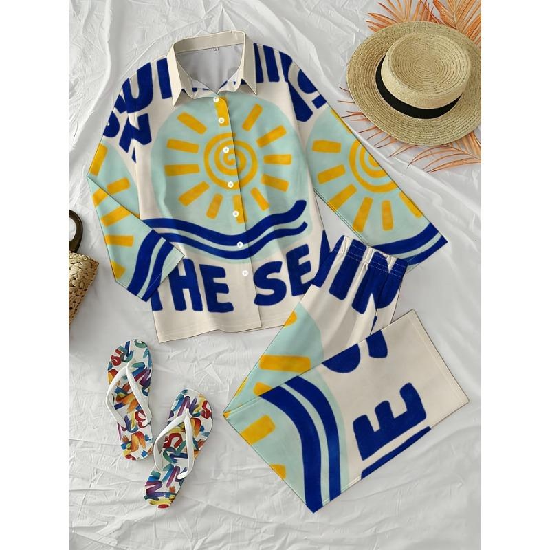 Blue, White and Yellow Sun Letter Print Casual Long-sleeved Trousers Suit for Women, Energetic Resort Style Shirt, Wide-leg Pants Two-piece Set