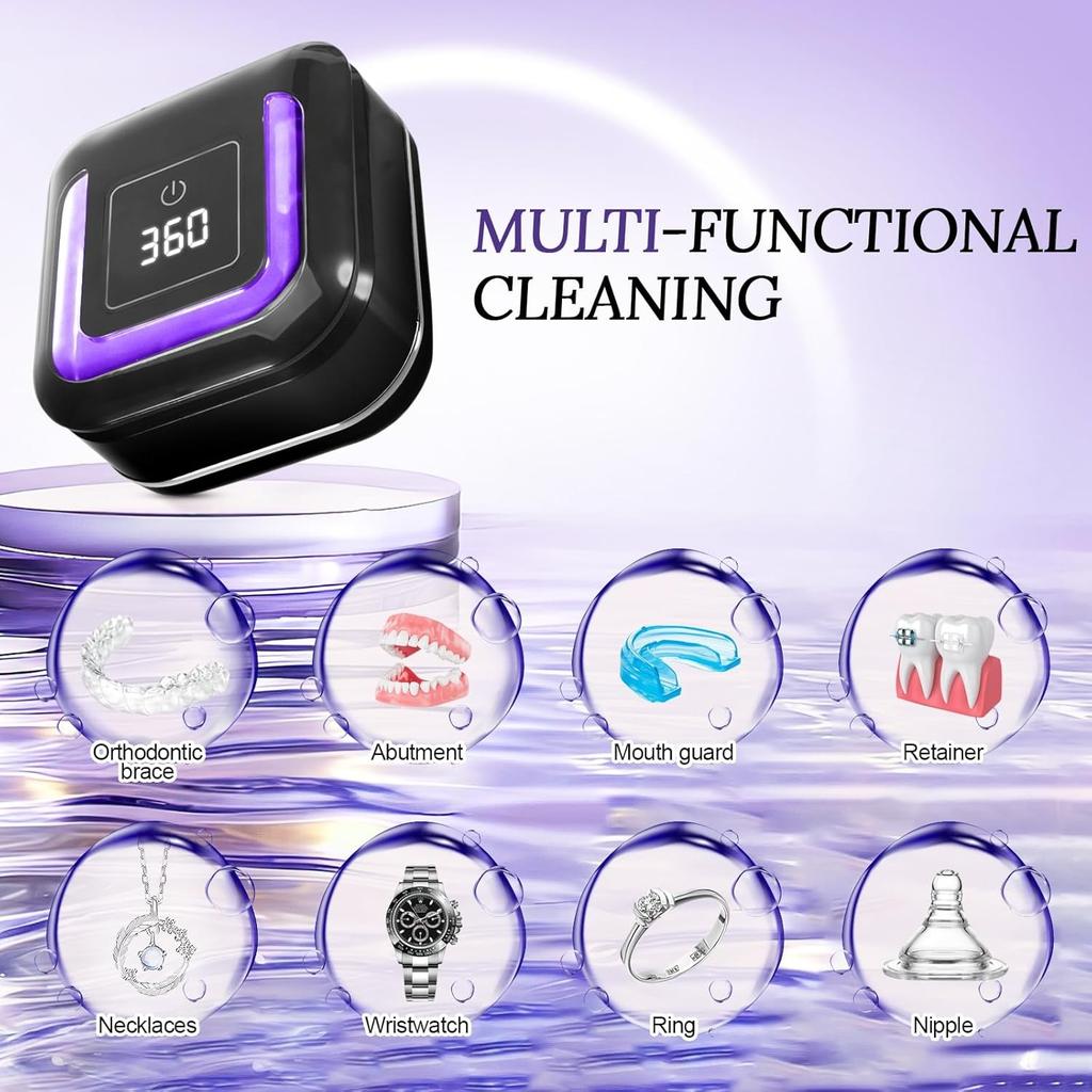 Ultrasonic Cleaning Device for Dentures, 42kHz UV Cleaner, 180 Ml Cleaning Device, Glasses, 2 Modes 180/360 Seconds for Dentures, Aligners