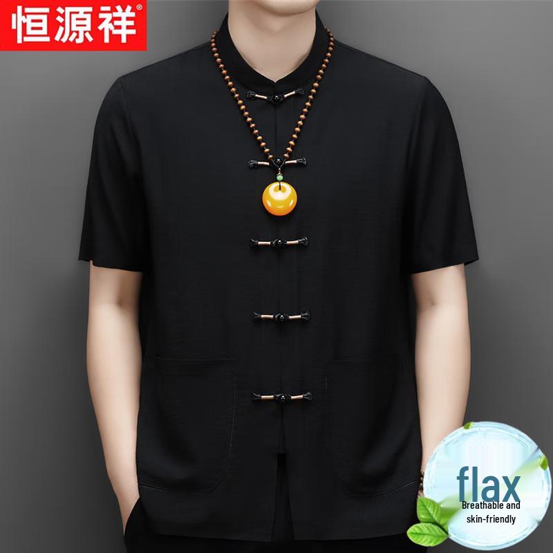 Hengyuanxiang Men s New Chinese Style Linen Blend Short-Sleeve Shirt 175