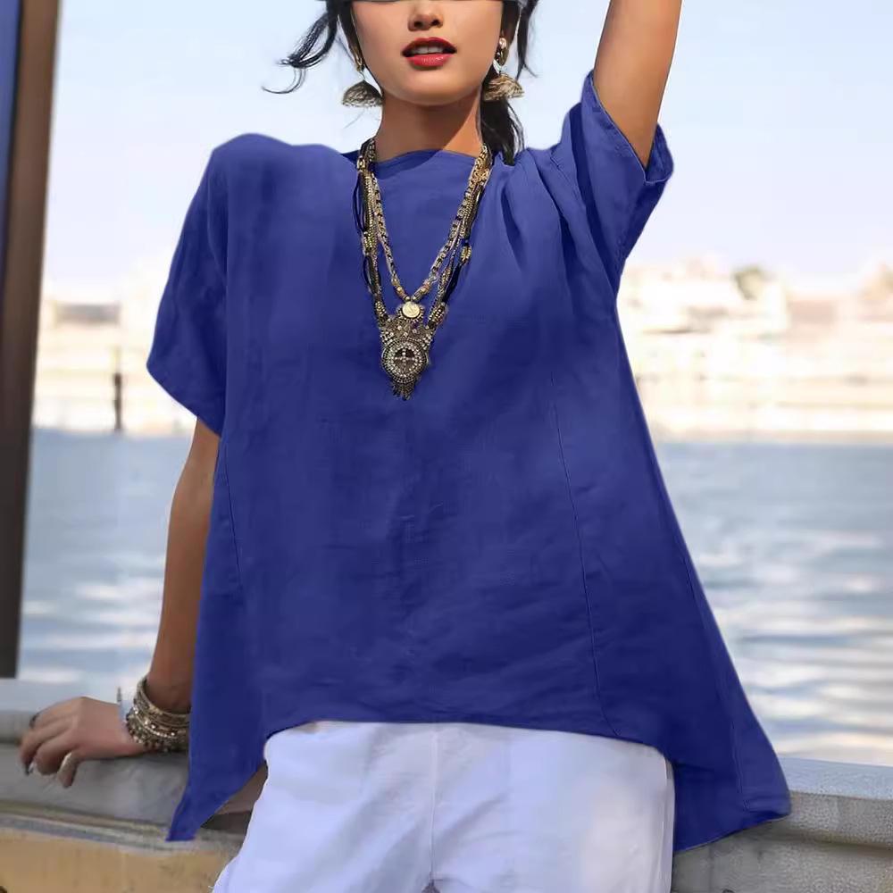 2024 Damen Frühling/Sommer Einfarbig Baumwolle-Leinen Locker Rundhals Shirt mit Unregelmäßigem Saum und Kurzen Ärmeln.