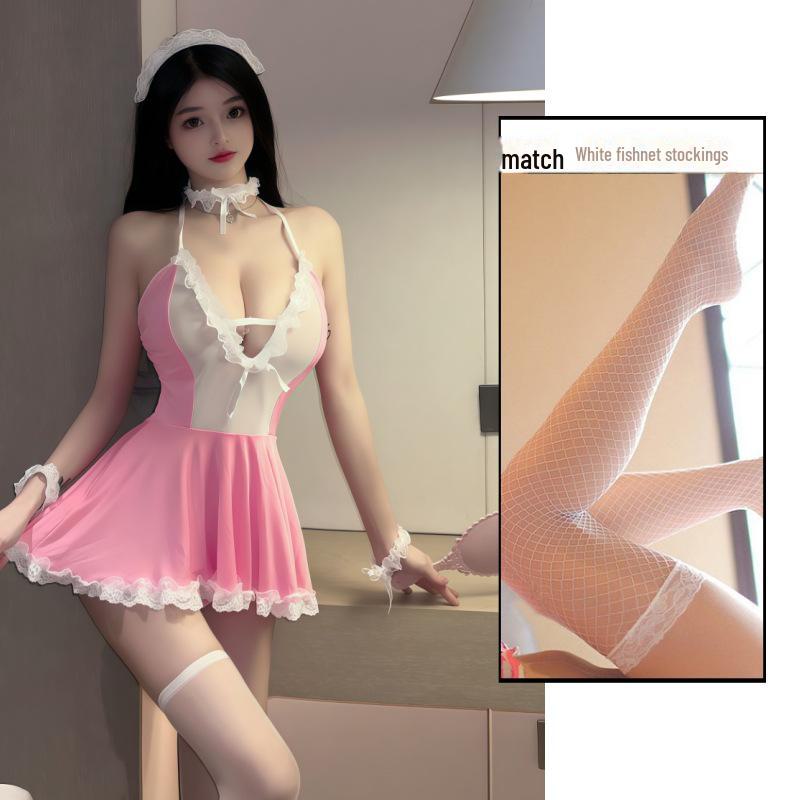 Seductive Plus Size Maid Lingerie Set: Sheer Lace Passion Suit with Women's Bag, Easy Removal