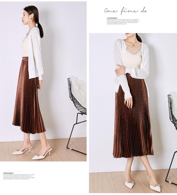 Solid Color High Waist Satin Pleated Midi Skirt - Women's New Spring/Summer/Autumn 2023 Collection