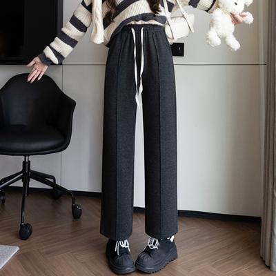 Women Winter Pants Elastic Drawstring High Waist Straight Wide Leg Long Pants with Pockets Thickened Velvet Lining Warm Trousers