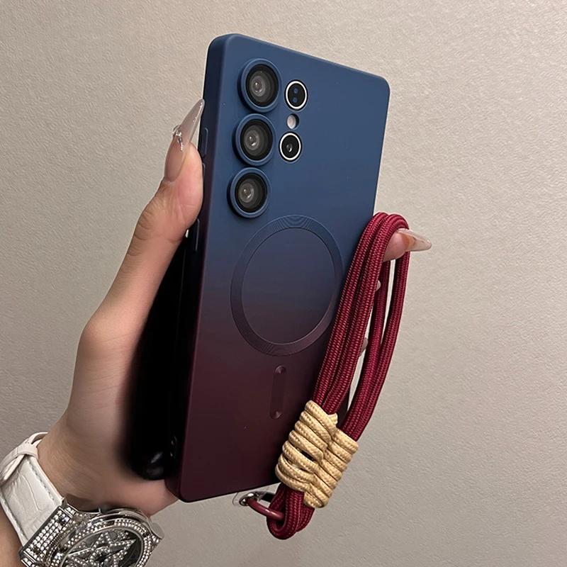 Luxusní pouzdro Magsafe s gradientní barvou pro Samsung Galaxy S25 S24 S23 S22 S21 Ultra S25 Plus Kryt z tekutého silikonu s měkkým řetízkem na ruku