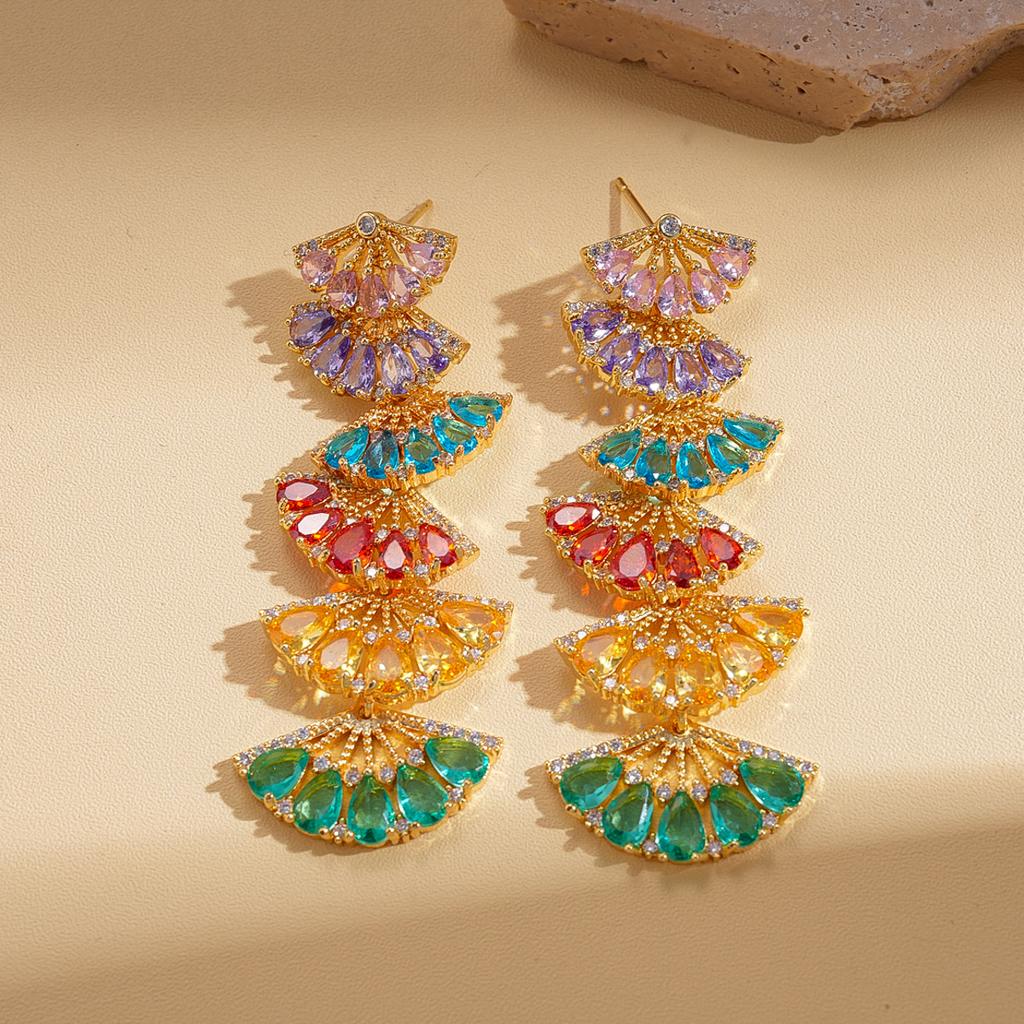Wind zircon geometric fan-shaped colored silver needle earrings retro court style exquisite earrings