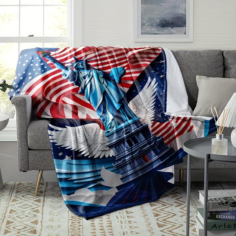 Statue of Liberty American Flag Star Print Flannel Blanket All Season for Home Camping Travel, Ideal Home Decor & Family Gift