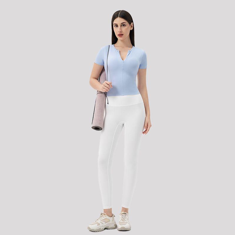 Foreign Trade Belt Chest Pad Yoga Clothes Short Sleeve Front Zipper Tight Fitness Top Nude Feel High Elastic Sports Running T-shirt Women