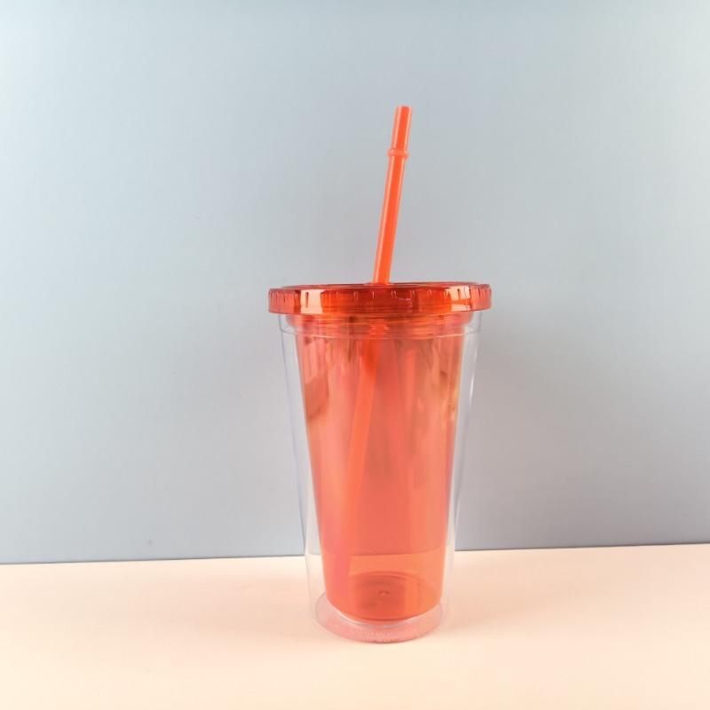 1PC 450ml Plastic Straw Cup Double Layer Transparent Drinking Cup Reusable Cold Cup Plastic Straw Tumbler with Straw and Lid