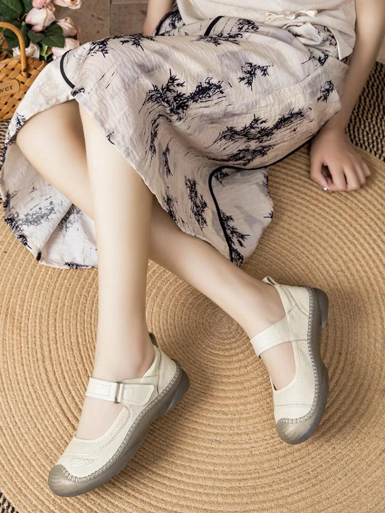 Johnature Boty z pravé kůže s měkkou podrážkou, ploché, retro, s kulatou špičkou, mělké, všestranné, pohodlné dámské boty