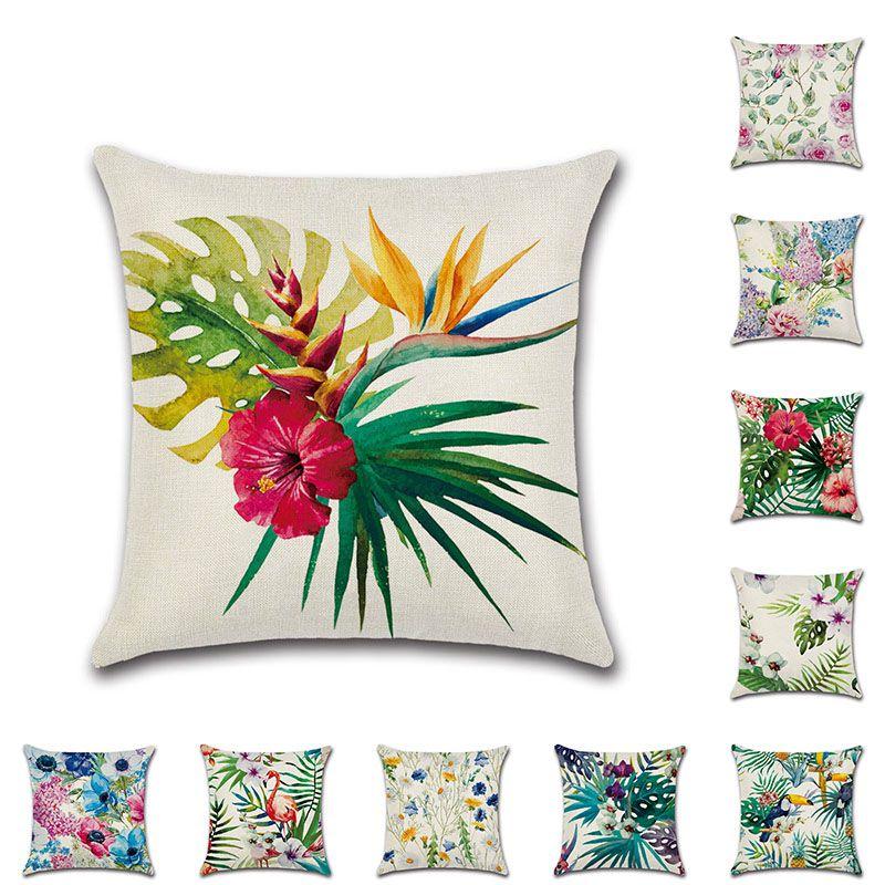 Green 18 Tropical Plant Pillow Case Cotton Linen Sofa Cushion Decorative Cover