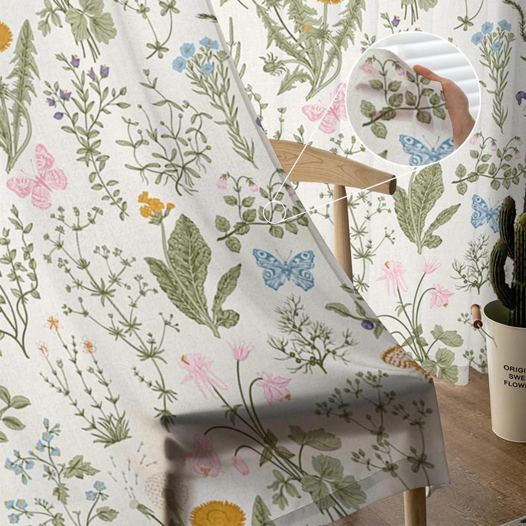 Vintage Herbaceous Floral Butterfly Flower Tulle Curtains Living Room Kitchen Window Decoration Chiffon Voile Sheer Curtain