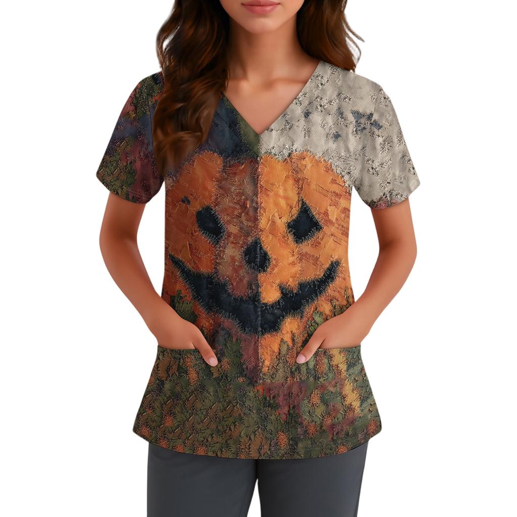 Women V Neck Short Sleeve Work Top with Pocket Halloween Print Scrub Shirt for Healthcare and Service Professionals