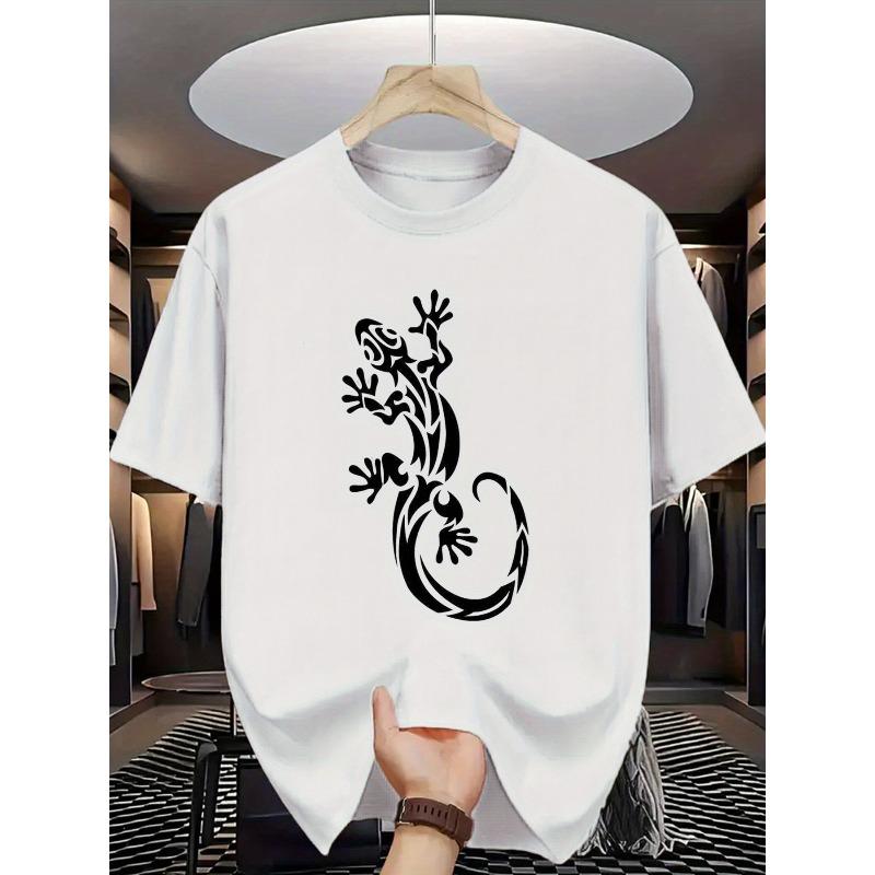

Men S Lizard Tattoo Print T-Shirt - Casual Crew Neck, Short Sleeve, Stretch Fabric, Perfect for Summer Outdoor Activities & Streetwear S белый