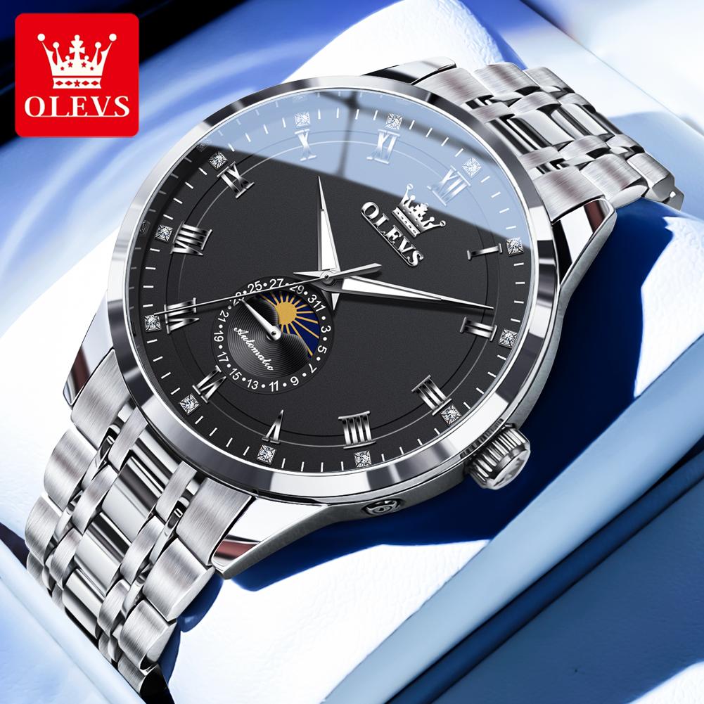 OLEVS 7063 Moon Phase Automatic Mechanical Men's Watches Stainless Steel 30M Waterproof Luminous Watch Original Luxury Man Watch