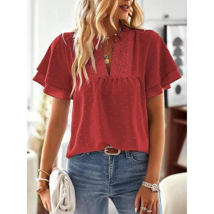 Elegant Resort-Style Deep V Lace Short-Sleeve Women's Blouse 2026 Spring/Summer