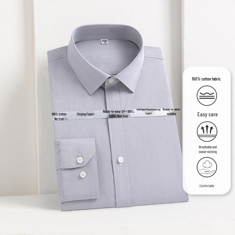 Men's Non-Iron Long Sleeve Cotton Shirt: Business Casual Solid & Stripe