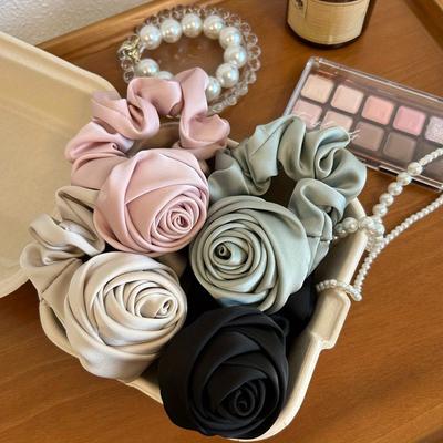 1pc Elegant Satin Rose Hair Ring, High Elastic Headrope Headband, Floral Hair Accessory, Imitation Silky, Solid Color, Sweet Style