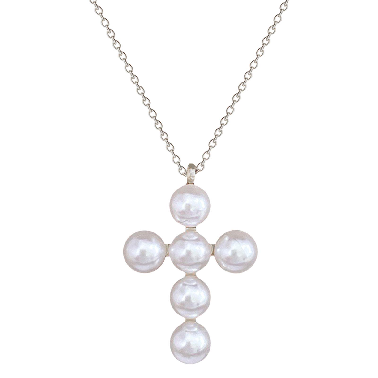 

Нежное ожерелье Имитация жемчуга Ожерелье с крестом Модное и водонепроницаемое ожерелье Текстура сплава Подарок для дам серебряный