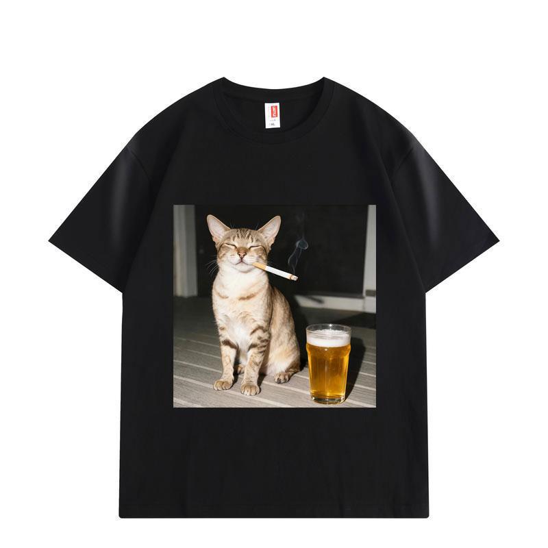 

Funny Smoking and Drinking Cat Meme T Shirt High Quality Oversized T-shirts Men Women Casual Cotton Short Sleeve T-shirt S