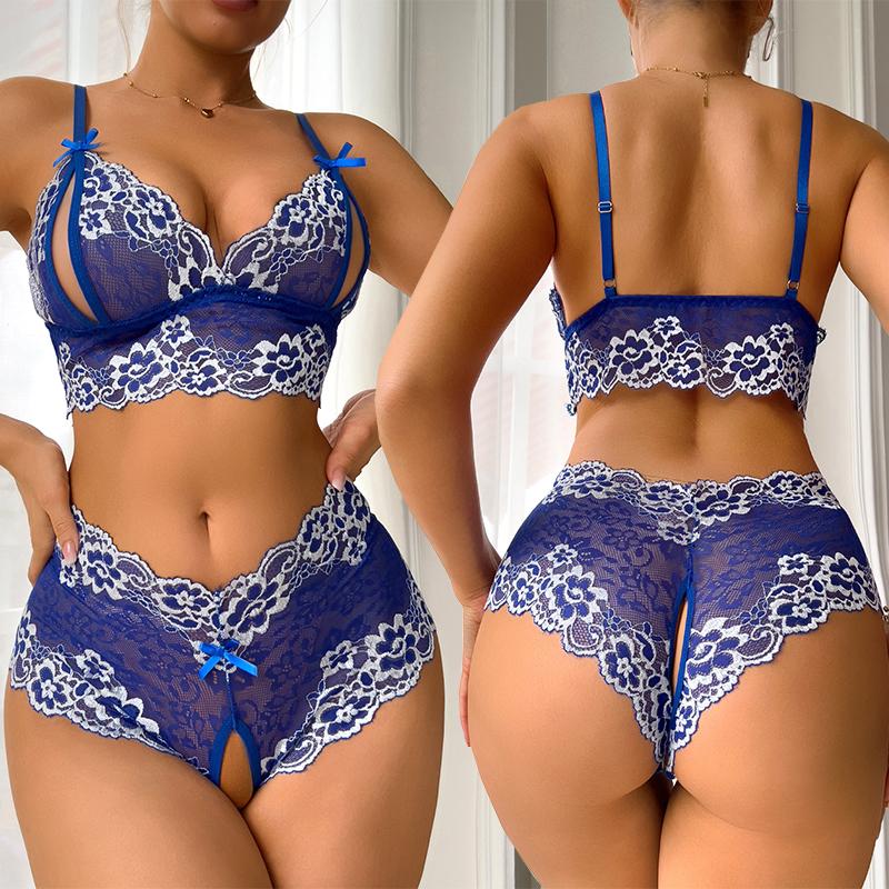 For Women Transparent Erotic Underwear Blue Bra Set Hot Sexy Lingerie Woman Babydoll Dress Bra And Panties Two Piece Sets