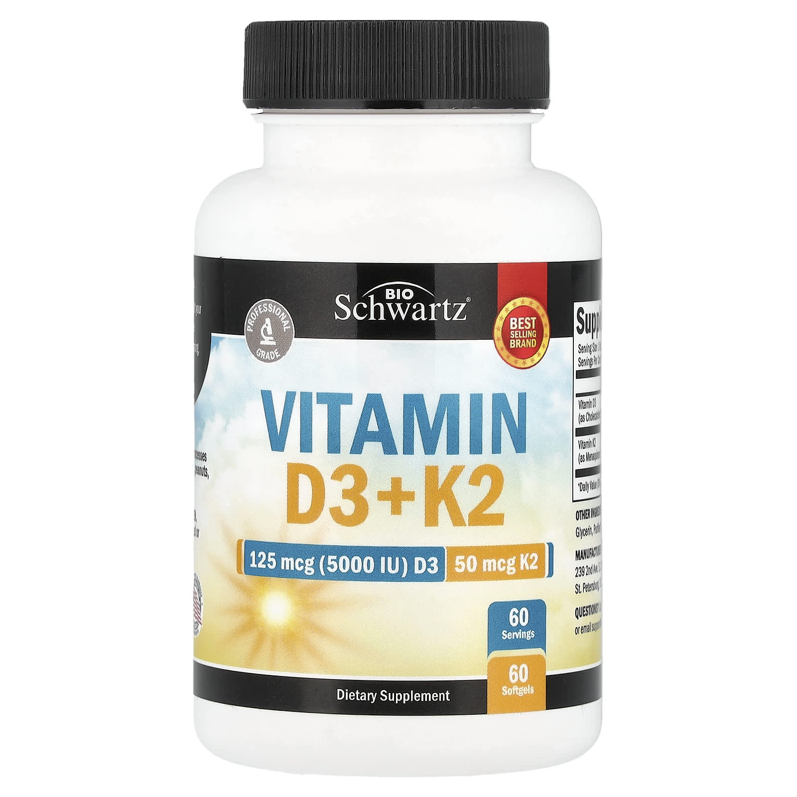 BioSchwartz, Vitamine D3 & K2, 60 Zachte Capsules