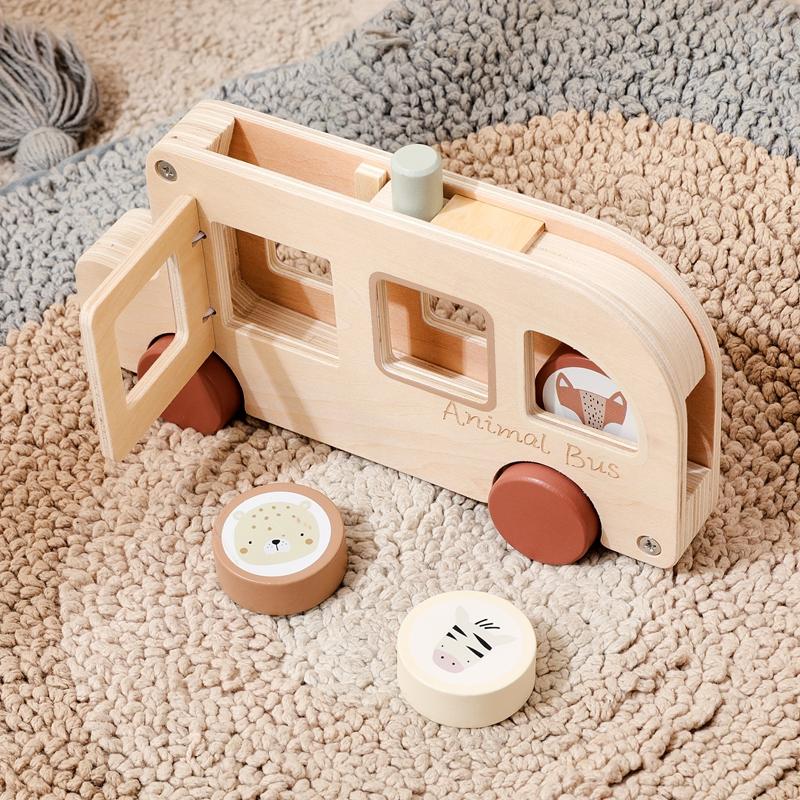 Baby Montessori Toy Wooden Cartoon Animal Bus Baby Finger Fine Movement Toy Traffic Simulation Game Wooden Baby Hand-pushed Car