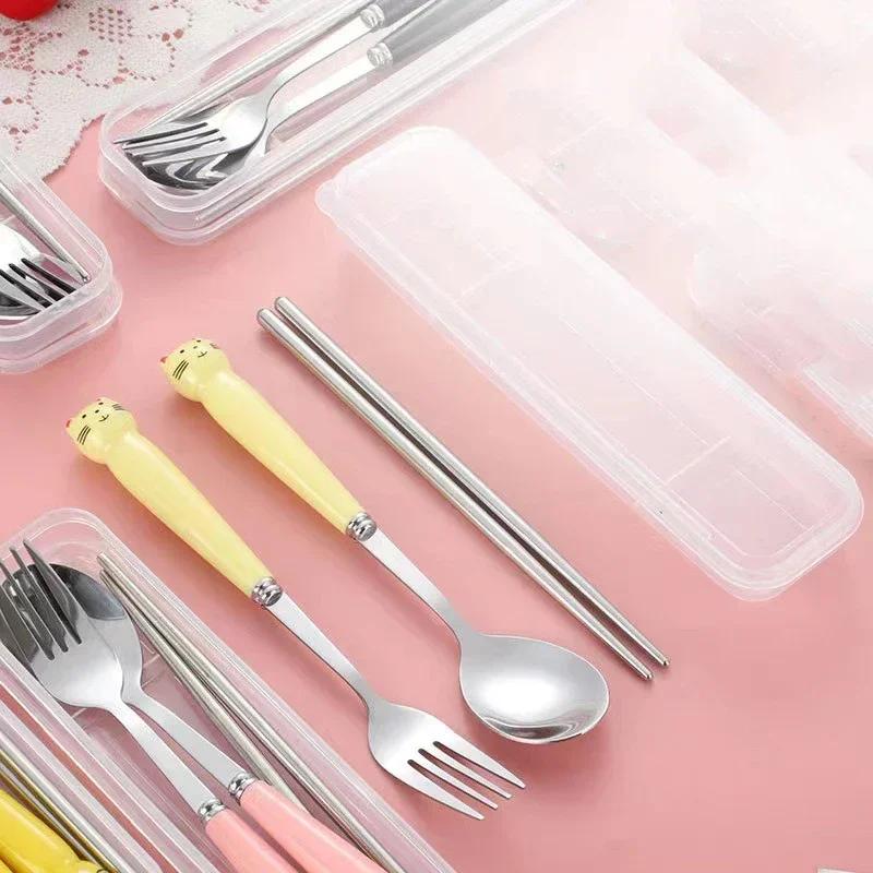 Cute Cartoon Travel Tableware with Case Portable Utensils Cutlery Set Reusable Flatware Silverware Include Fork Spoon with Case