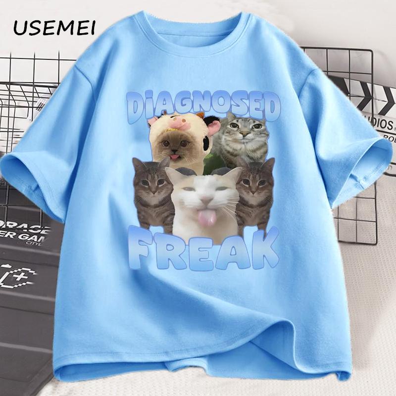 Diagnosed Freak Funny Cat Meme T-shirt Men Women Silly Cat Memes T Shirt Unisex Casual Round Neck Cotton Cat Tee Streetwear Tees