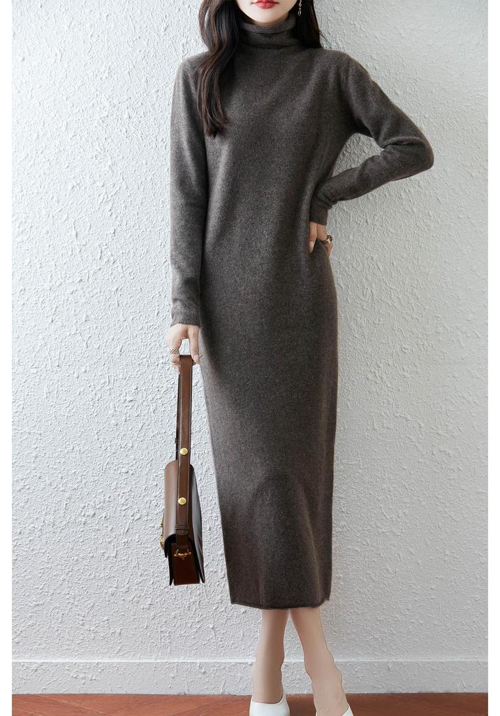 Women's 100% Wool High Neck Over-the-Knee Slimming Dress - Autumn/Winter 2025 Collection