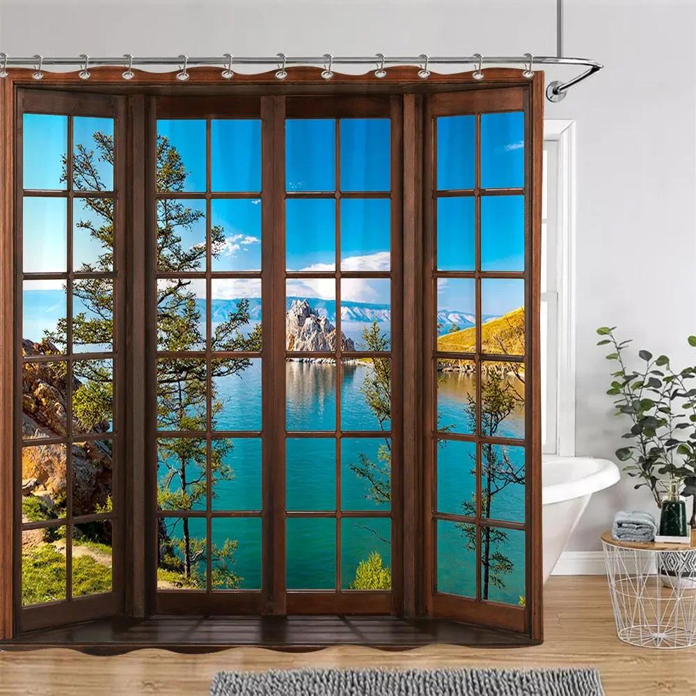 Sonnenschein Grün Wald Braun Fenster Duschvorhänge Bäume Pflanzen Natur Landschaft Polyester Badezimmer Vorhang Set Dekor Mit Haken