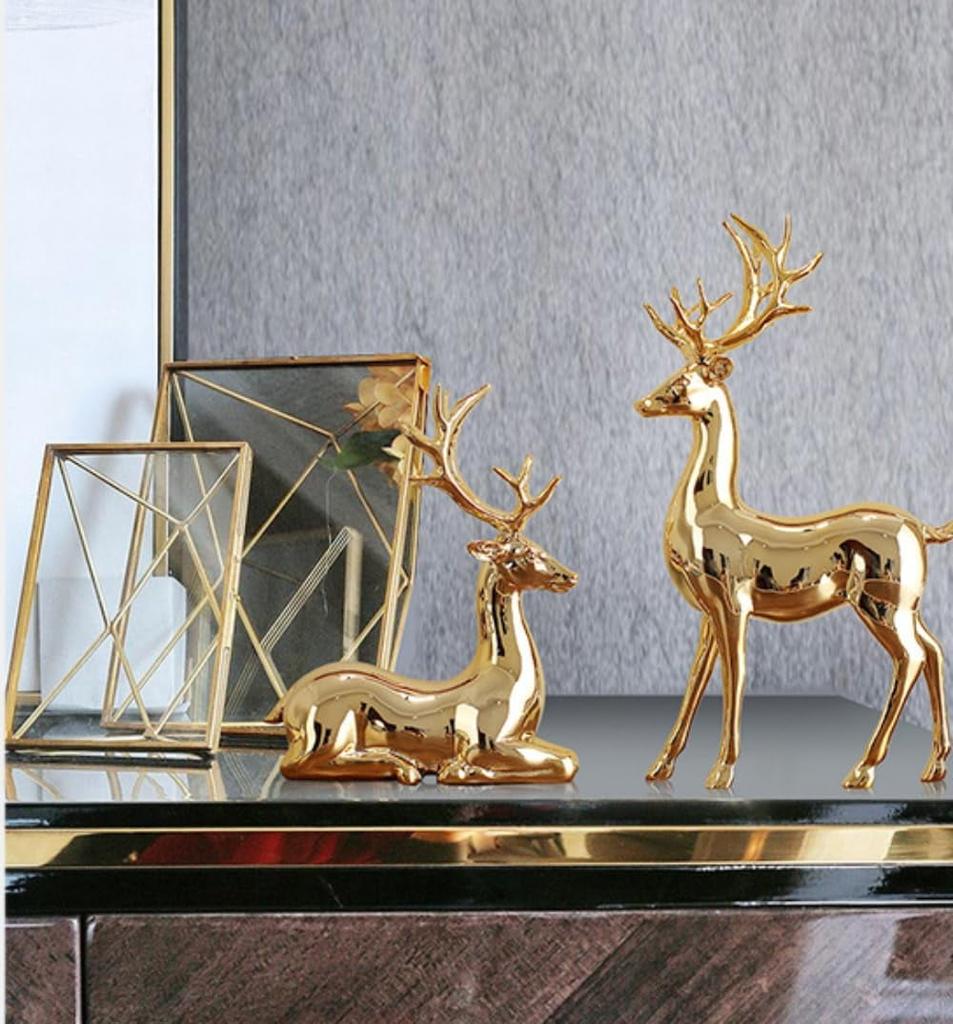 2 Stück Gold Silber Hirsch Statue Elch Rentier Figuren Nordischer Stil Skulptur Messing Weihnachtsfigur Zimmer Heim Dekoration