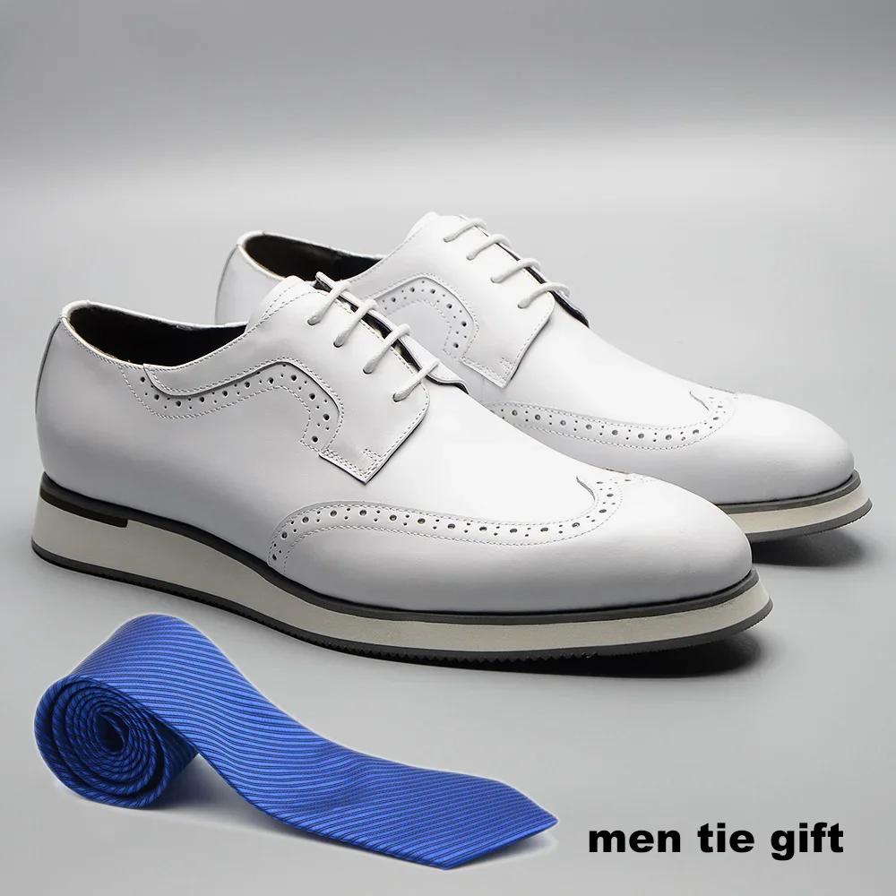 XEBOS Men’s White Summer Sneakers Genuine Leather Breathable Lace-up Wing Tip Derby Shoes Casual Outdoor Walking Footwear Male