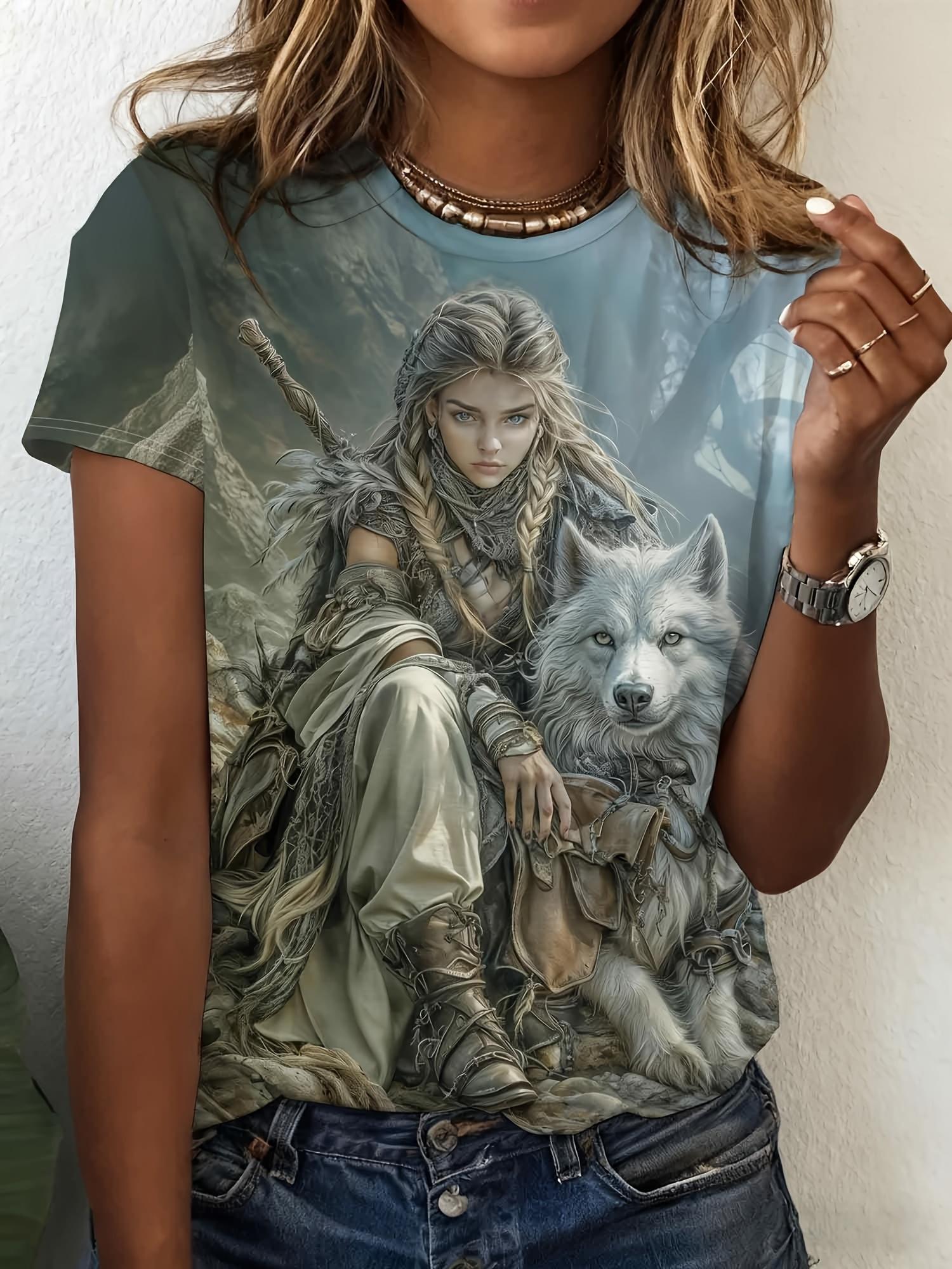 

[Printed Design- No Texture] A Round-Neck Retro Fantasy-Style Short-Sleeve T-Shirt with Female Warrior And White Wolf Print. Women S Clothing Niche F 3XL
