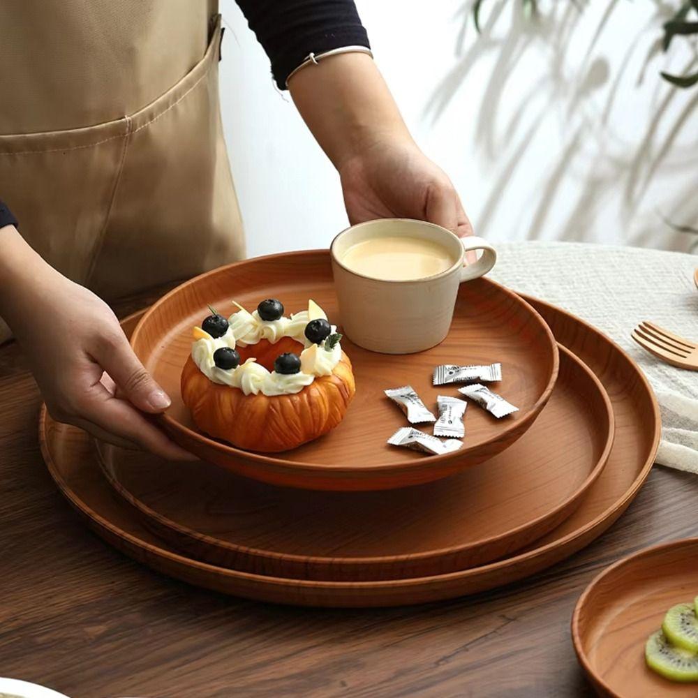 1Pcs Round Water Cup Tray Handmade Dishes Plate Durable Imitation Wooden Tray  Home Use