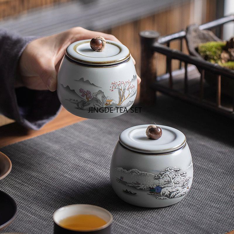 Ceramic Ru Kiln Tea Sealed Moisture-proof Jar Household Tea Storage Jar Retro Kung Fu Set Tea Storage Warehouse