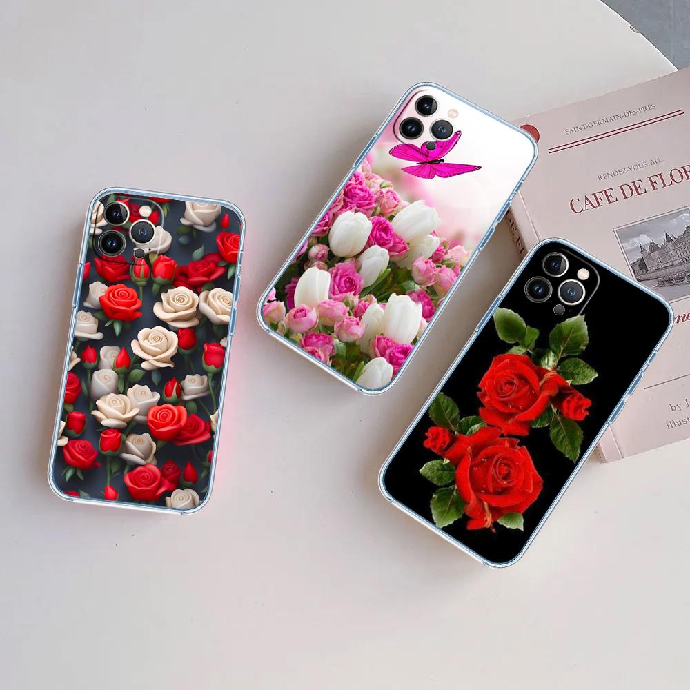 CJ17 Beautiful Roses Flower Soft Shell Transparent Phone Case for Motorola Moto G7 G8 G9 G84 G85 G73 G24 G15 Z2 Play Power Plus