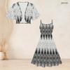 Women Plus Size White Printed Two Piece Set Batwing Sleeve Cropped Shrug Strappy Flared Dress
