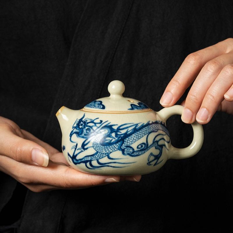 180ml Traditional Ru Kiln Blue and White Dragon Pattern Xi Shi Teapot For Home Tea Making High-end Ceramic Teapot KungFu Tea Set