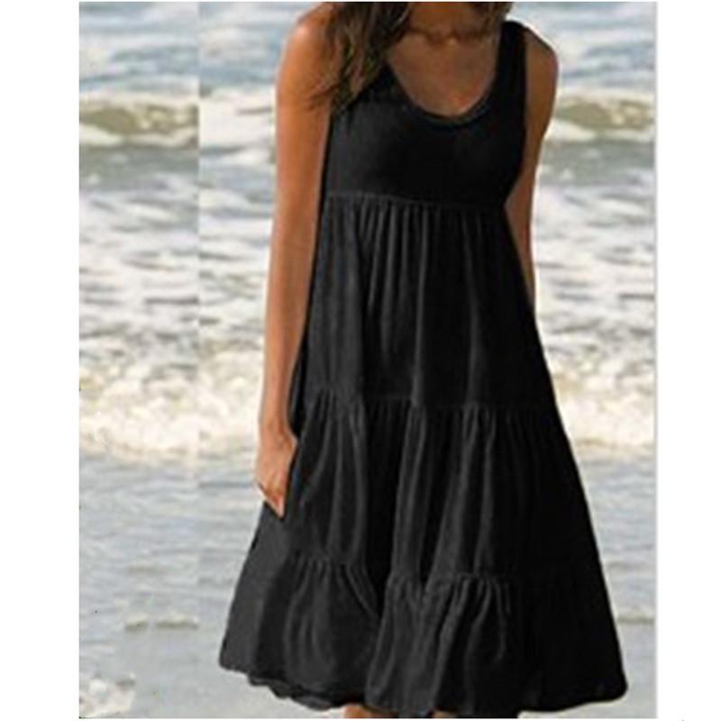 Women's Beach Dress: Sleeveless, Round Neck, Patchwork, Wide Hem, 7 Colors, 8 Sizes